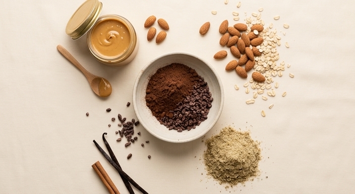 Close-up of premium raw ingredients like cacao beans and almond flour