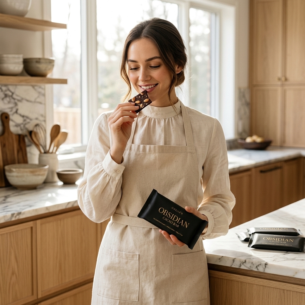 Giselle in a minimalist kitchen preparing vegan organic cakes